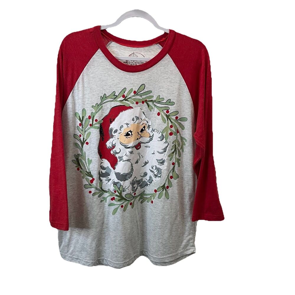 Jane Marie Boutique Women’s Size L Large Red Santa Wreath Christmas Shirt Top